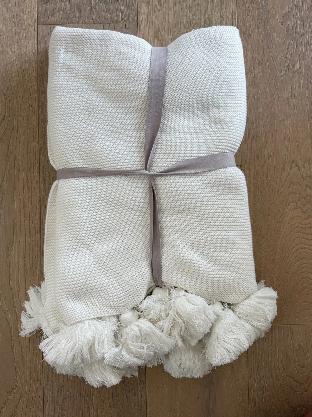 Arhaus Ivory Knit Pom Pom Tassel Throw Blanket